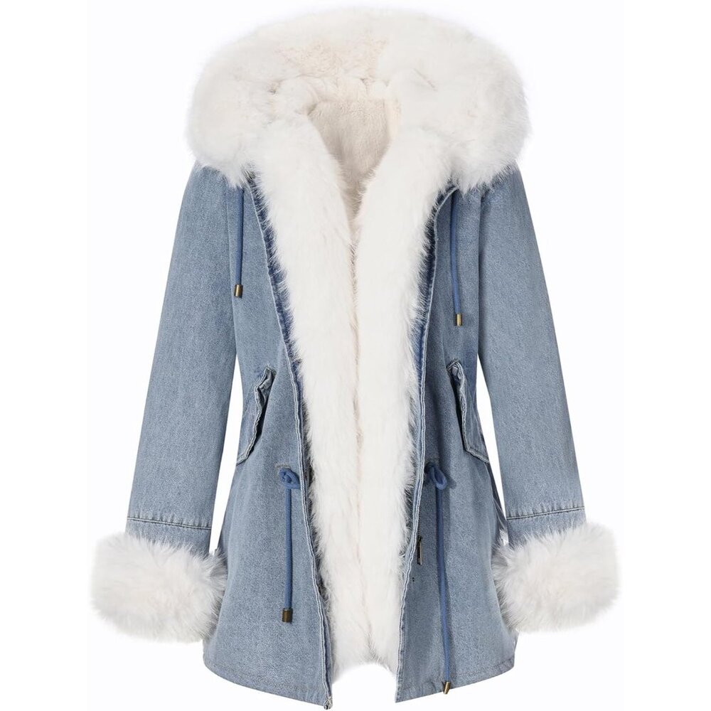 Women's Beige Sherpa Fleece Jean Jackets Twill Parka Jacket, Winter Fashion Warm